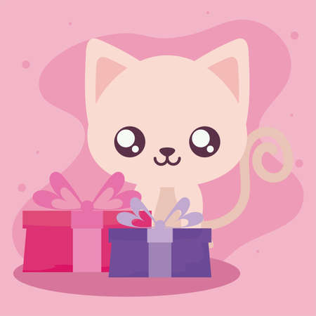 Cute cat cartoon with gifts design, Animal zoo life nature character childhood and adorable theme Vector illustrationのイラスト素材