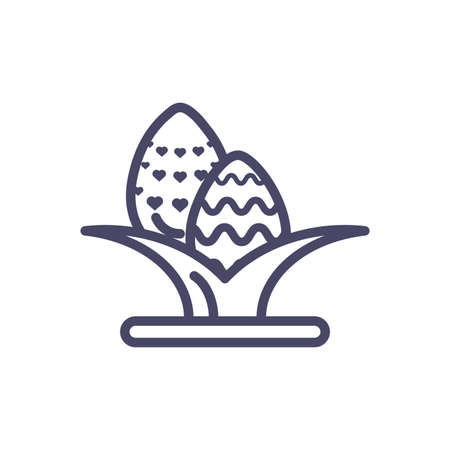 leaves with easter eggs over white background, line style icon, vector illustrationのイラスト素材