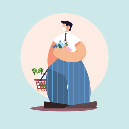 man with medical mask in the supermarket with precautions by coronavirus, social distancing vector illustration designのイラスト素材