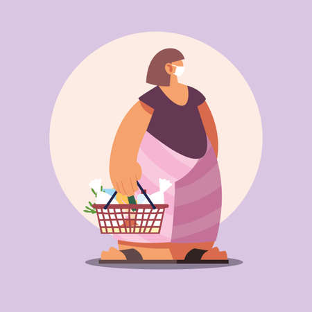 woman with medical mask in the supermarket with precautions by coronavirus, social distancing vector illustration designのイラスト素材