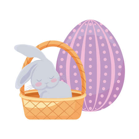 cute rabbit with basket wicker and egg of easter vector illustration designのイラスト素材