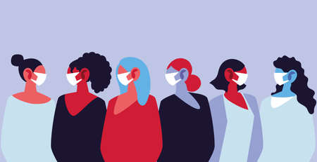 women in medical masks, protecting themselves against epidemic infection by coronavirus vector illustration designのイラスト素材
