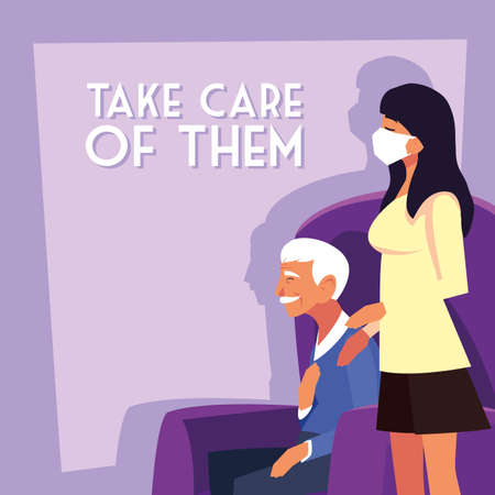 woman take care of old man, label take care of them vector illustration designのイラスト素材