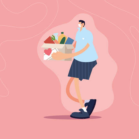 man with box food, charity donation vector illustration designのイラスト素材