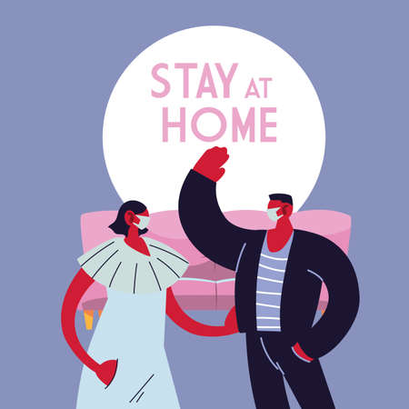 couple with masks at home vector ilustration designeのイラスト素材