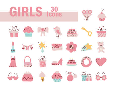 set of icons of color pink for girl vector illustration designのイラスト素材