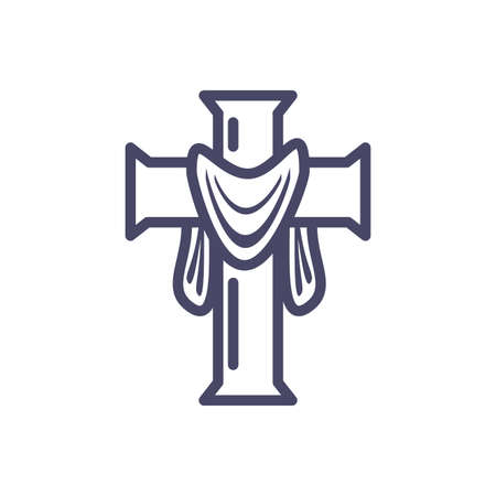 catholic cross with robe over white background, line style icon, vector illustrationのイラスト素材