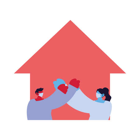 Couple at home using face masks vector illustration designのイラスト素材
