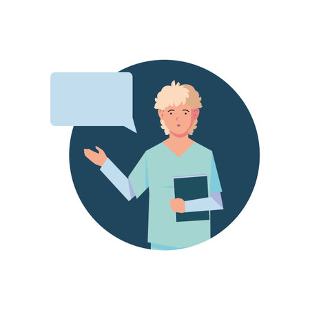 man doctor with speech bubble, medical staff on white background vector illustration designのイラスト素材