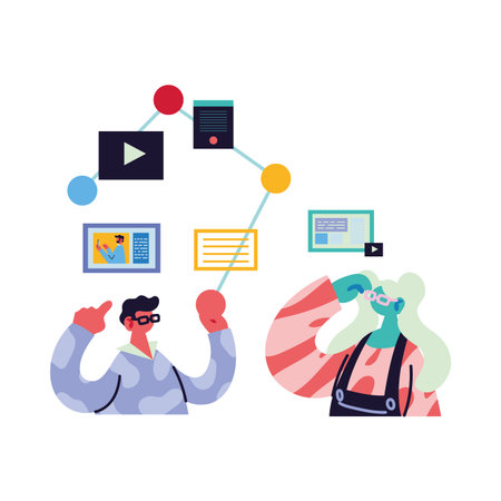 couple working and learning online vector illustration design