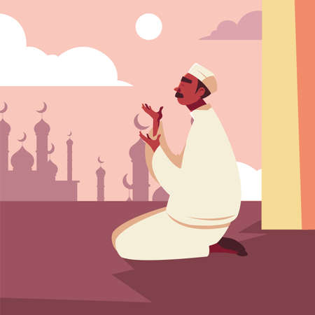 man muslim praying in mosque, ramadan kareem vector illustration designの写真素材