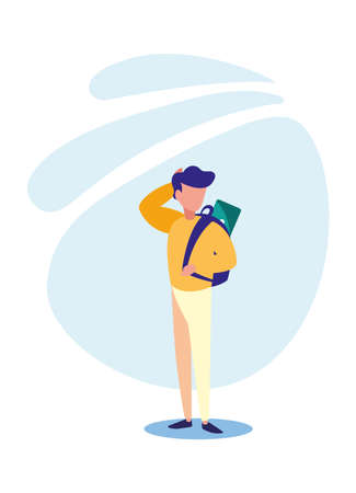 Man with laptop inside bag design, Digital technology communication social media internet web and device theme Vector illustrationの写真素材