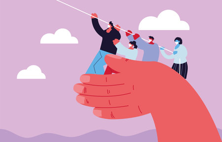 people in medical mask pulling rope, try to stop outbreak coronavirus vector illustration design