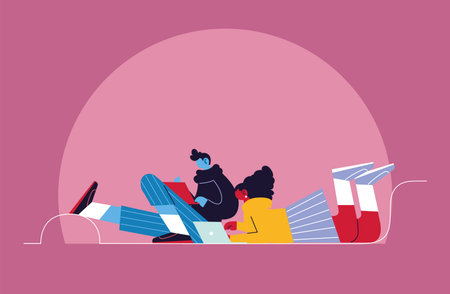 couple of people with laptop, social media vector illustration design