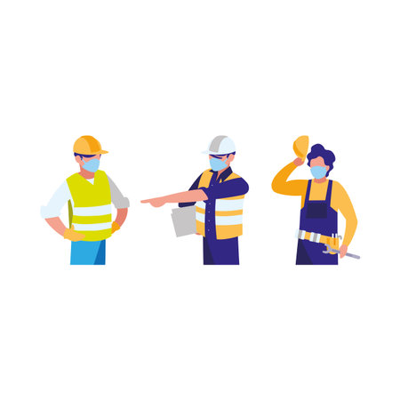 industrial workers men working with face mask vector illustration design