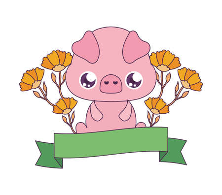 Pig cartoon with flowers and ribbon designの写真素材