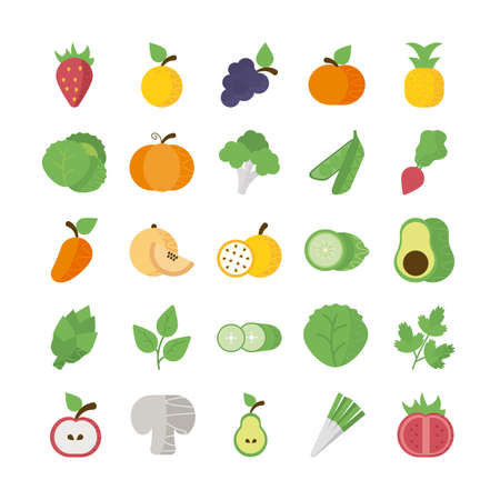 set of icons of fresh fruits and vegetables vector illustration designの写真素材