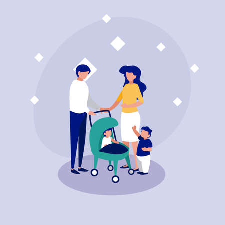 Family with masks in front of circle design of Covid 19 virus theme Vector illustrationの写真素材