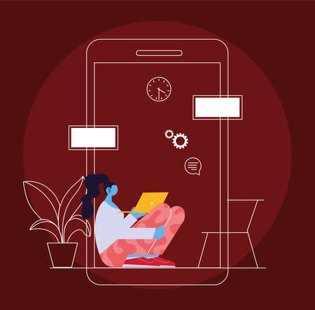 woman connected online by laptop at home vector illustration designのイラスト素材
