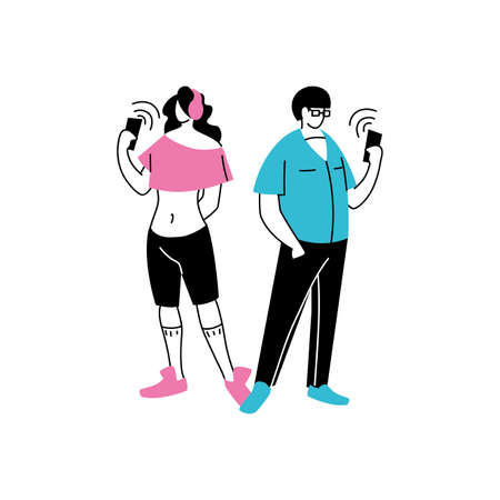 couple of people listening to music with headphones vector illustration designのイラスト素材