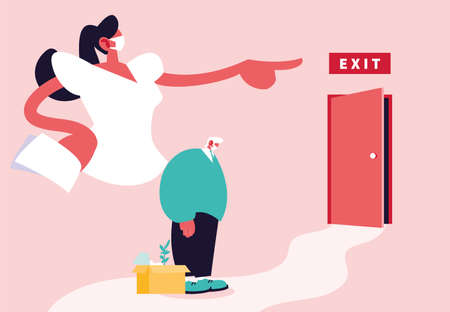big boss pointing on the door, unemployment by coronavirus vector illustration designのイラスト素材