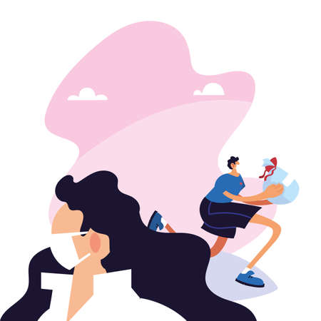 delivery couple wearing face mask vector illustration designのイラスト素材