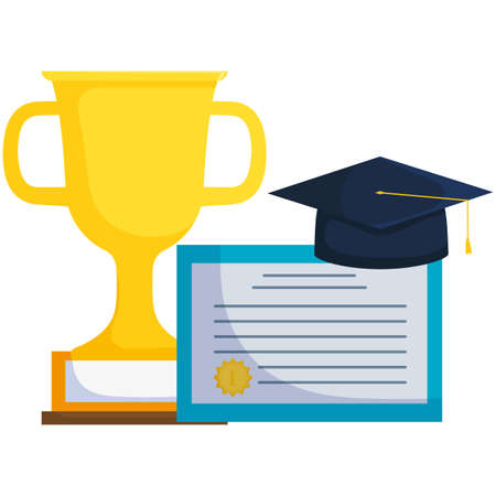 graduation certificate and hat with trophy cup vector illustration designのイラスト素材