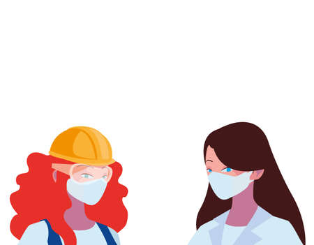 industrial women workers with face masks vector illustration designのイラスト素材