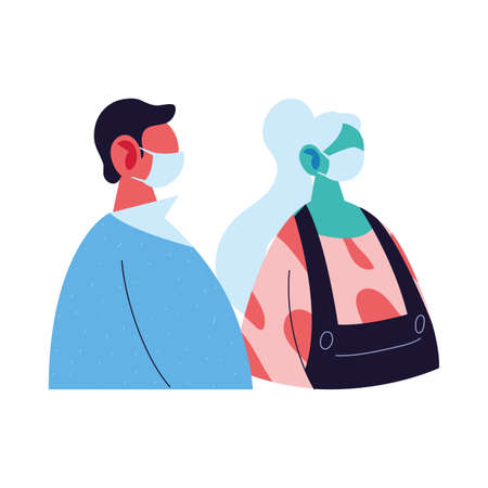 man and woman avatar cartoon with mask and pullover design of Medical care and covid 19 virus theme Vector illustrationのイラスト素材