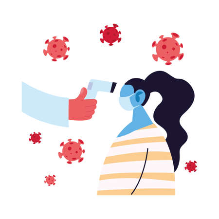 Hand holding thermometer gun checking woman temperature design of Medical care and covid 19 virus theme Vector illustrationのイラスト素材