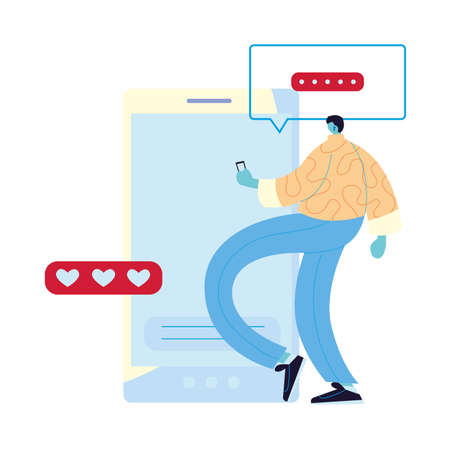 Man cartoon with smartphone chatting and bubbles design, Message chat and communication theme Vector illustrationのイラスト素材