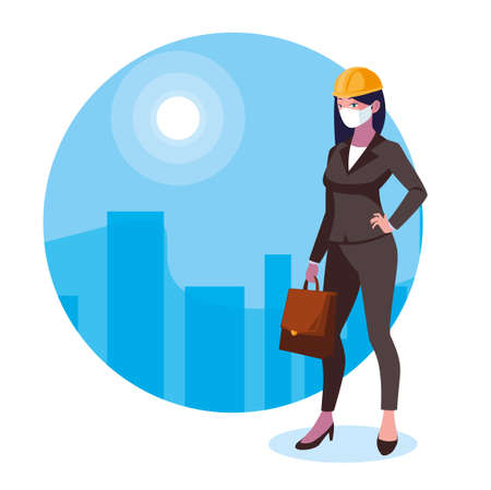 Architect woman with mask and helmet design, Women workers occupation and job theme Vector illustrationのイラスト素材