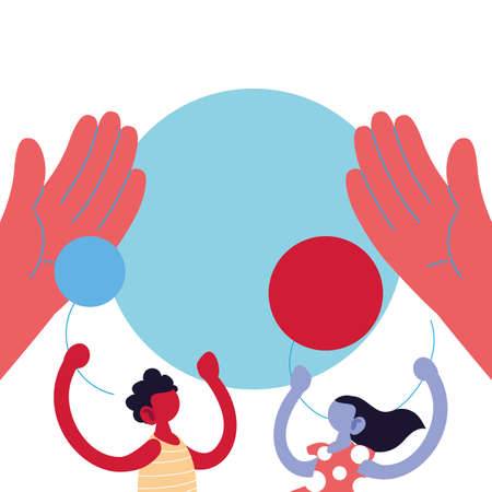 girl and boy cartoon with balloons between hands design, Kid childhood little people lifestyle casual person cheerful and cute theme Vector illustrationのイラスト素材