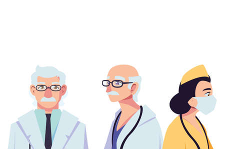 female and male doctors with uniforms and masks design of Medical care health and emergency theme Vector illustrationのイラスト素材