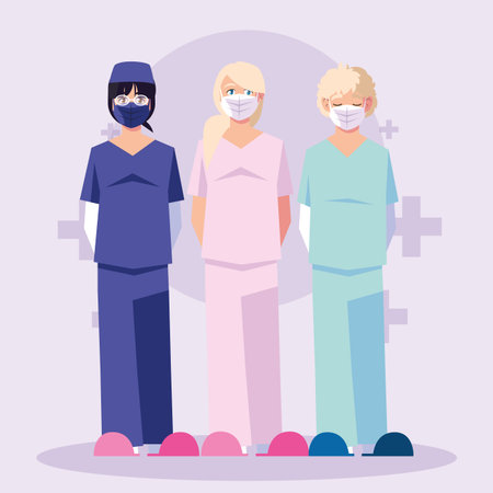 Man and women doctors with uniforms and masks in front of crosses design of Medical care health and...