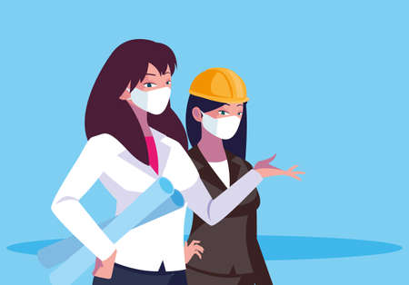 Architect and businesswoman with mask and helmet design, Women workers occupation and job theme Vector illustrationのイラスト素材