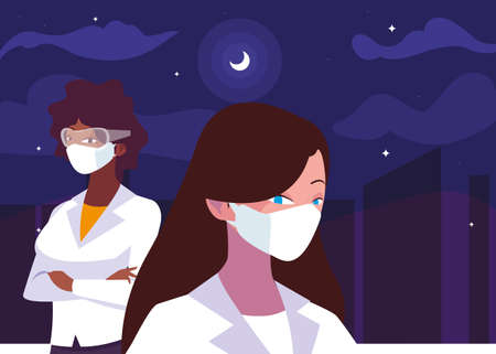 Businesswoman and engineer woman with masks and glasses at night design, Women workers occupation and job theme Vector illustrationのイラスト素材