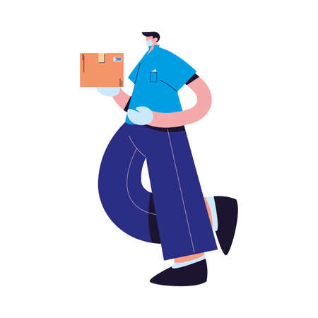 Courier with mask, gloves and packages to deliver vector illustration desingのイラスト素材