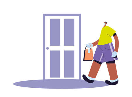 man with mask, gloves, parcel to deliver at door vector illustration designのイラスト素材