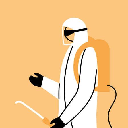 man wears protective suit, disinfection by coronavirus or covid 19 vector illustration designのイラスト素材
