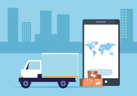 courier delivery service with smart phone, tracking of packages vector illustration desingのイラスト素材