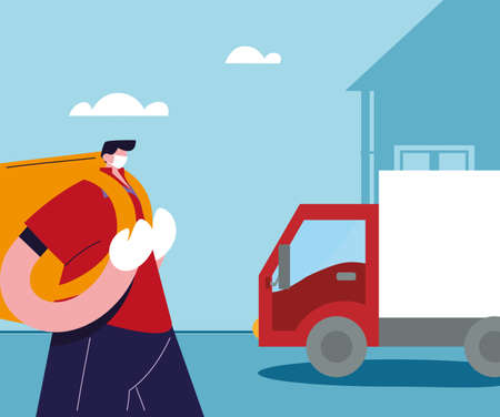 messenger and truck carrying packages through the city with security protocols vector illustration designのイラスト素材