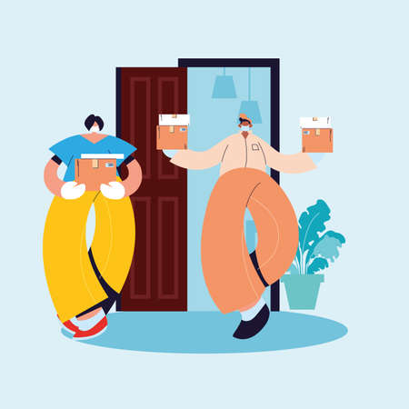 domiciliary delivering package to woman, with gloves and masks vector illustration designのイラスト素材