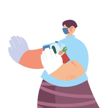 man with medical mask and purchases of supermarket on white background vector illustration designのイラスト素材
