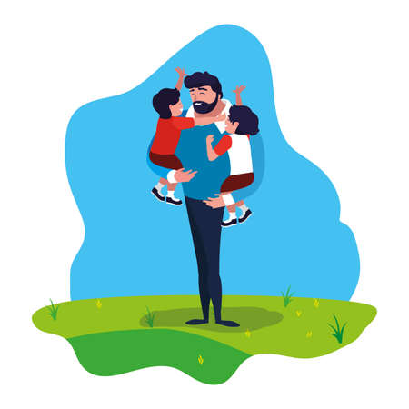 father with sons characters in the field vector illustration designのイラスト素材