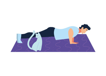 man doing muscleexercises in the company of her pet vector illustration design