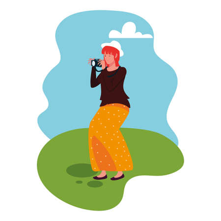 woman taking a photo with background landscape vector illustration designのイラスト素材