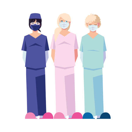 female and male doctors with uniforms and masks design of Medical care health and emergency theme Vector illustrationのイラスト素材