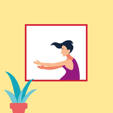 woman at the window doing dance exercises at home vector illustration designのイラスト素材