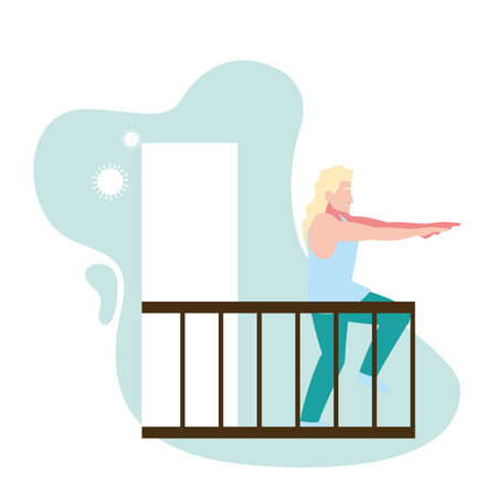 man doing muscle exercises on balcony of his house vector illustration designのイラスト素材